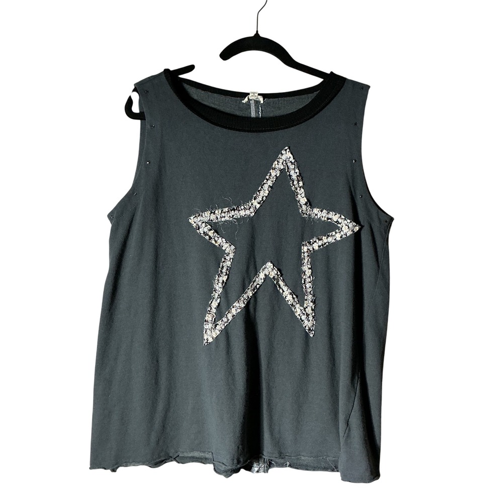POL Star‎ Applique Sleeveless Top Women S Grey Raw Edge Tweed Studded FKT1139A